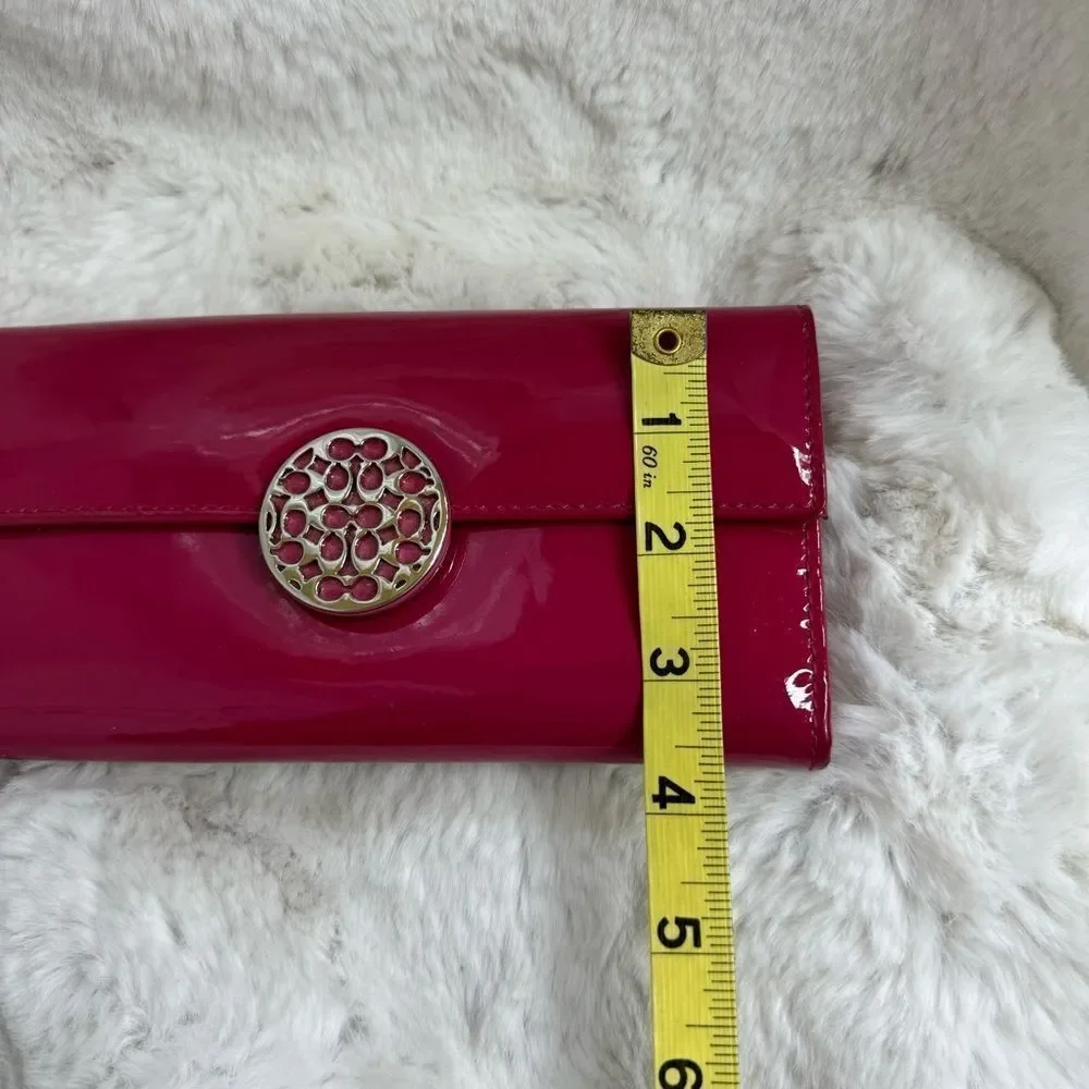 COACH Laura Fuchsia Patent Leather Metal Logo Trifold Wallet